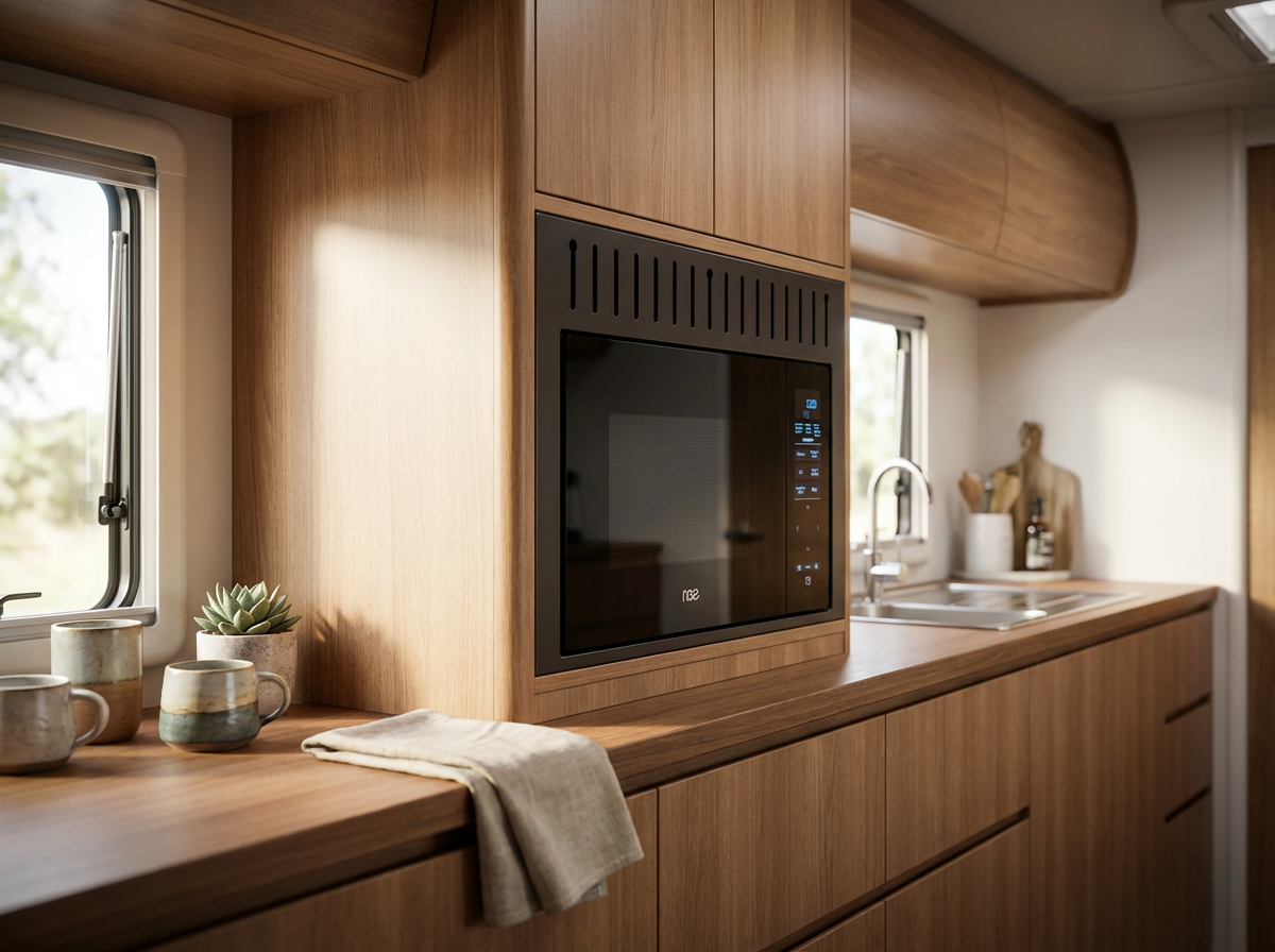 NCE 29L Convection Microwave installed in a caravan kitchen