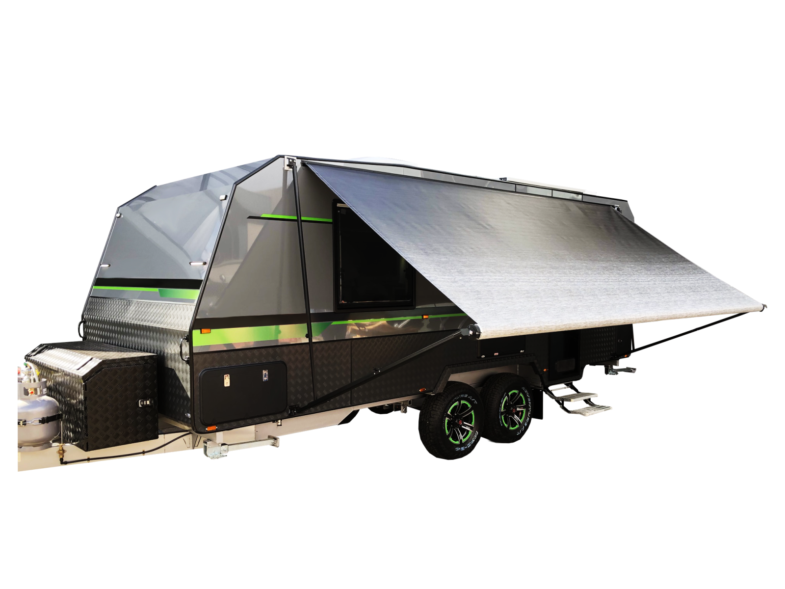 NCE manual caravan awning deployed for shade at camp