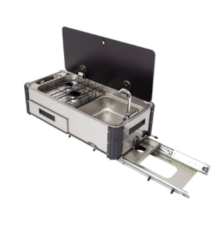 CAN Portable Slide Out Kitchen stainless steel with sink and burners