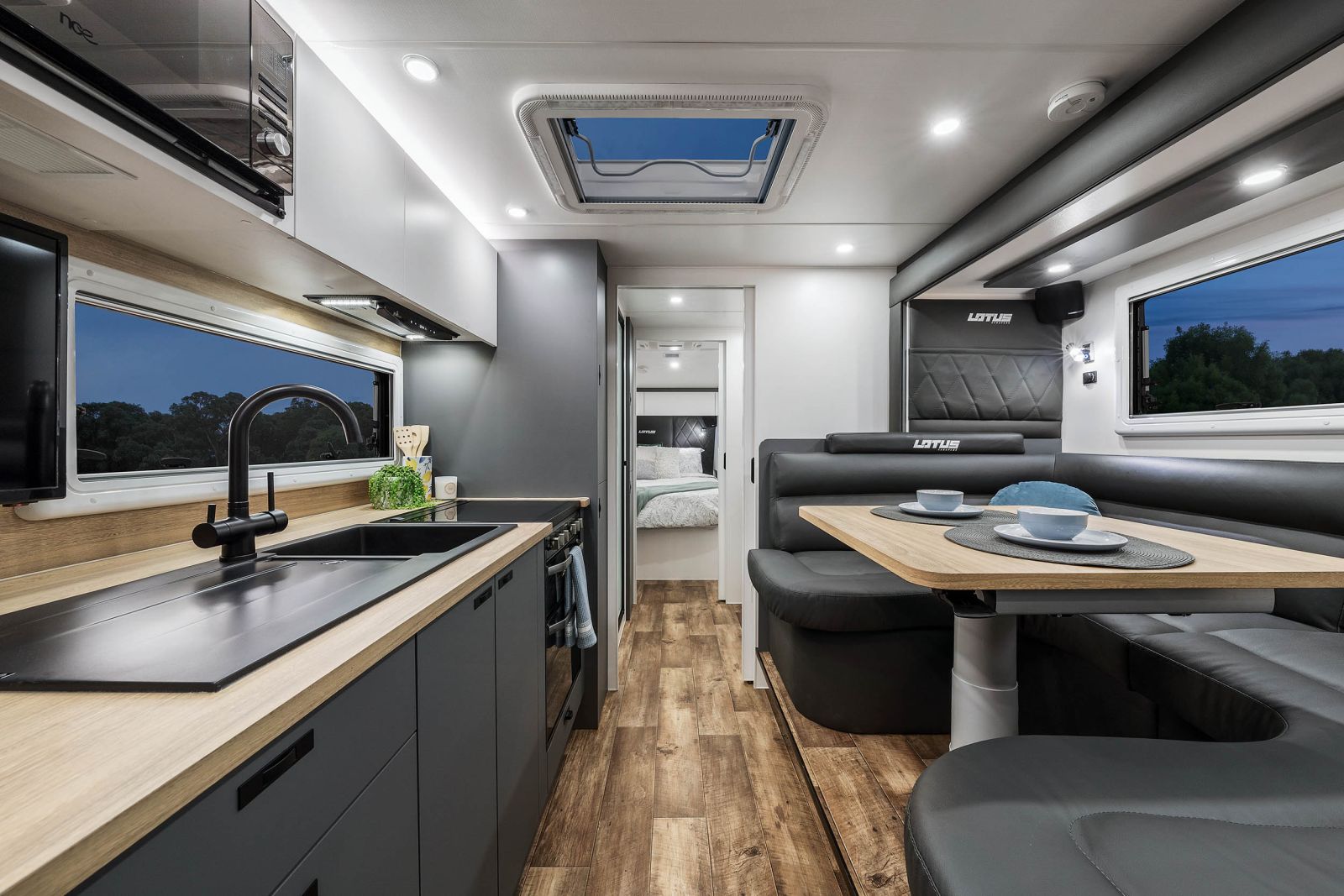 Caravan microwave in compact RV kitchen