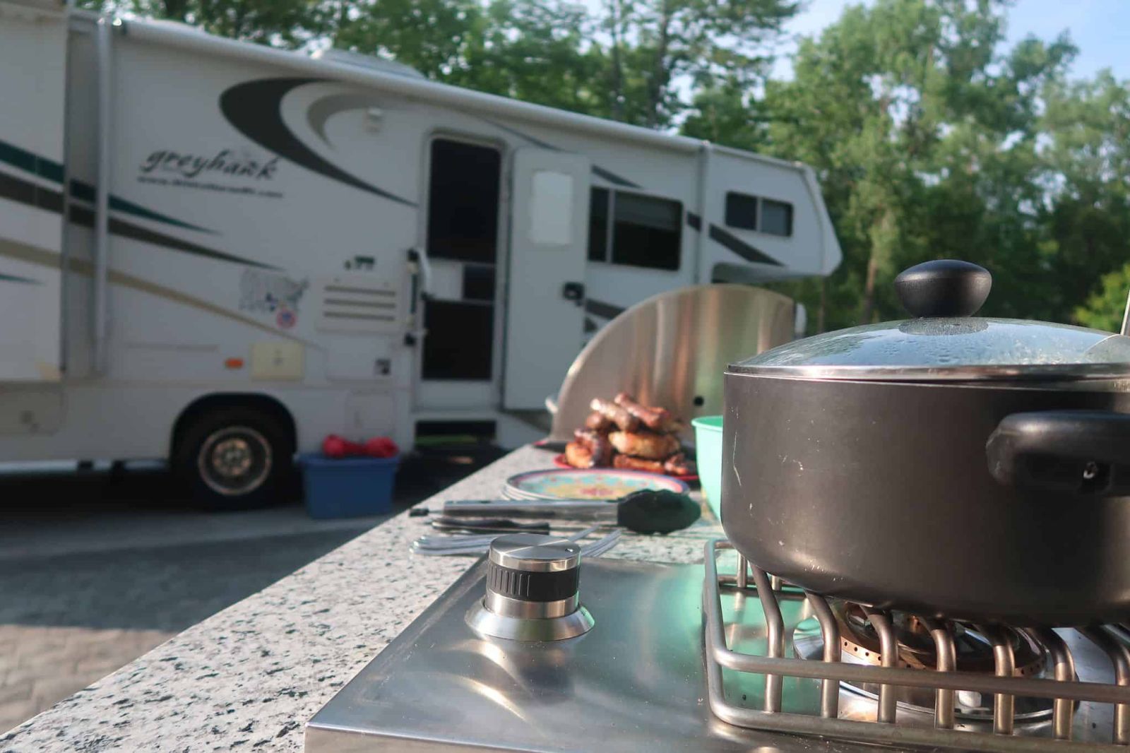 Cooking outside on caravan slide out kitchen