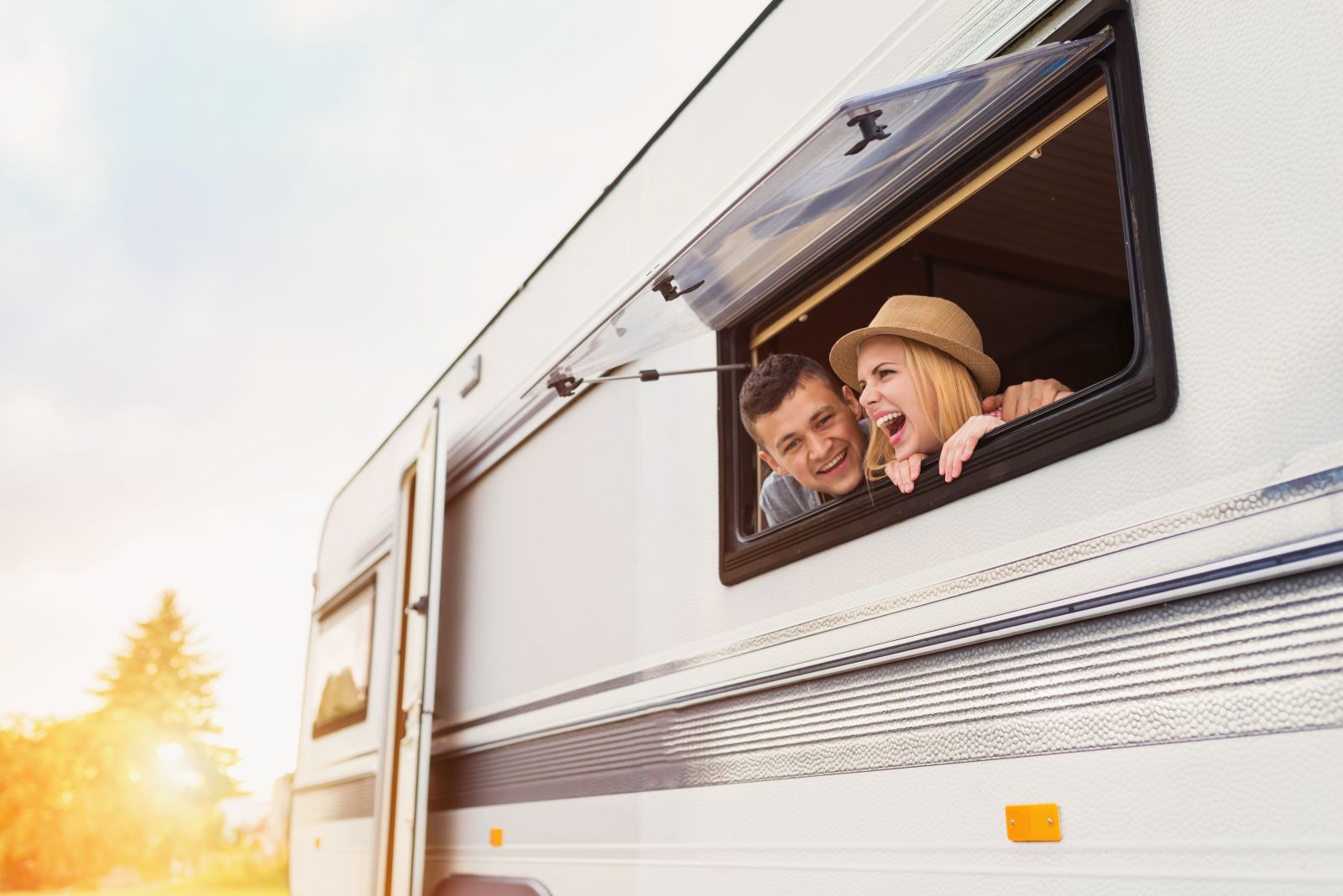 Caravan interior with windows and blinds